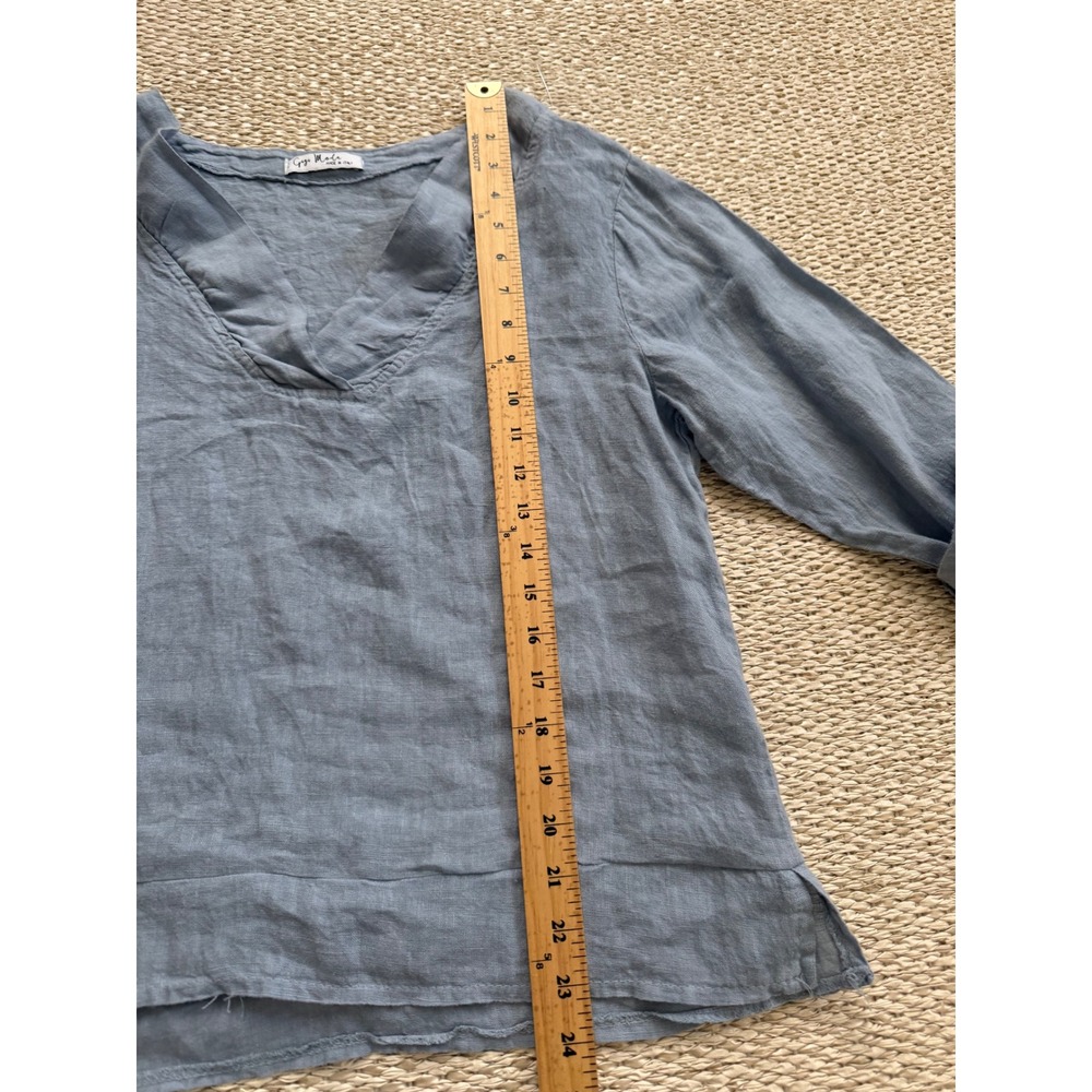 Gigi Moda Italy Blue Linen V-Neck Tunic Top Long Sleeve Lagenlook coastal beachy - Picture 8 of 10